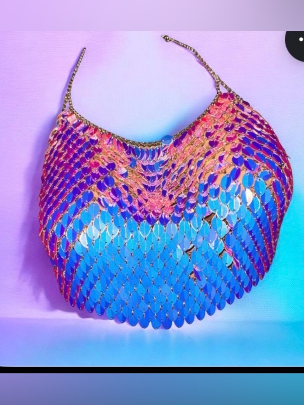 Last one AMAZING Pink iridescent sequin crop top rave festival gold halter chain